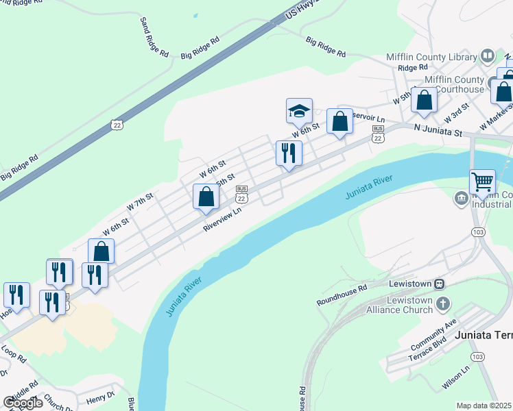 map of restaurants, bars, coffee shops, grocery stores, and more near 705 Riverside Drive in Lewistown