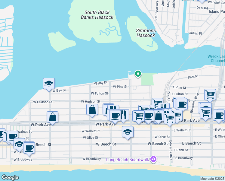 map of restaurants, bars, coffee shops, grocery stores, and more near 572 Laurelton Boulevard in Long Beach