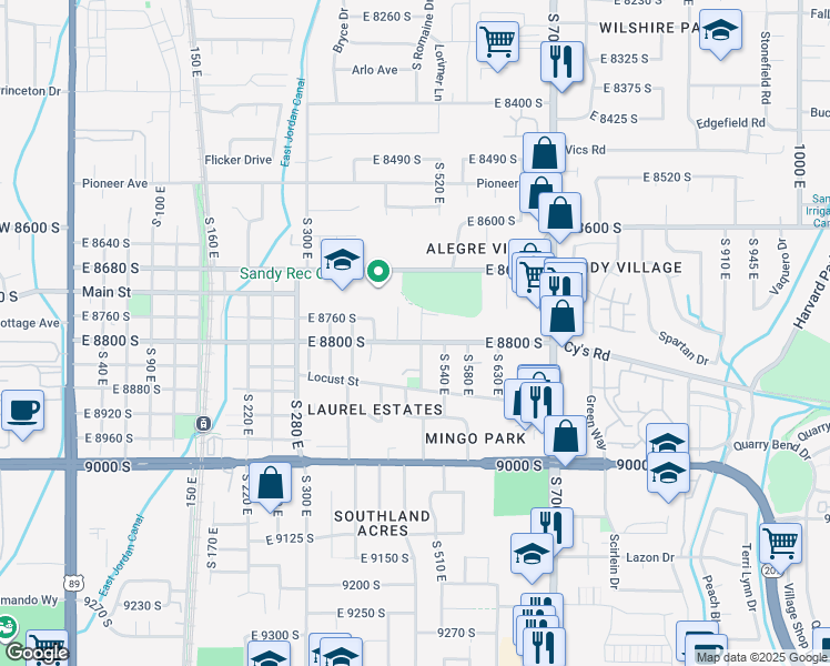 map of restaurants, bars, coffee shops, grocery stores, and more near 485 East 8800 South in Sandy