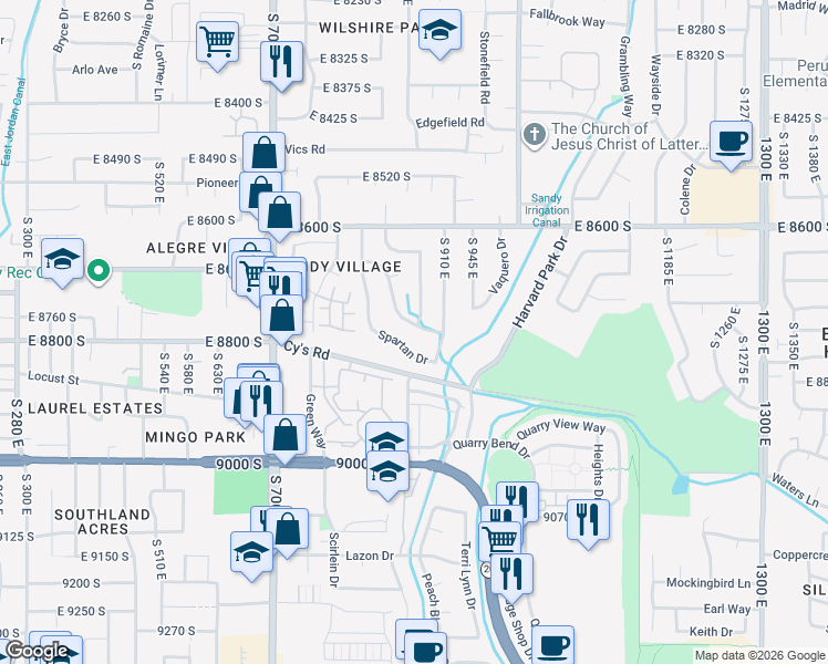 map of restaurants, bars, coffee shops, grocery stores, and more near 876 East Chariot Drive in Sandy