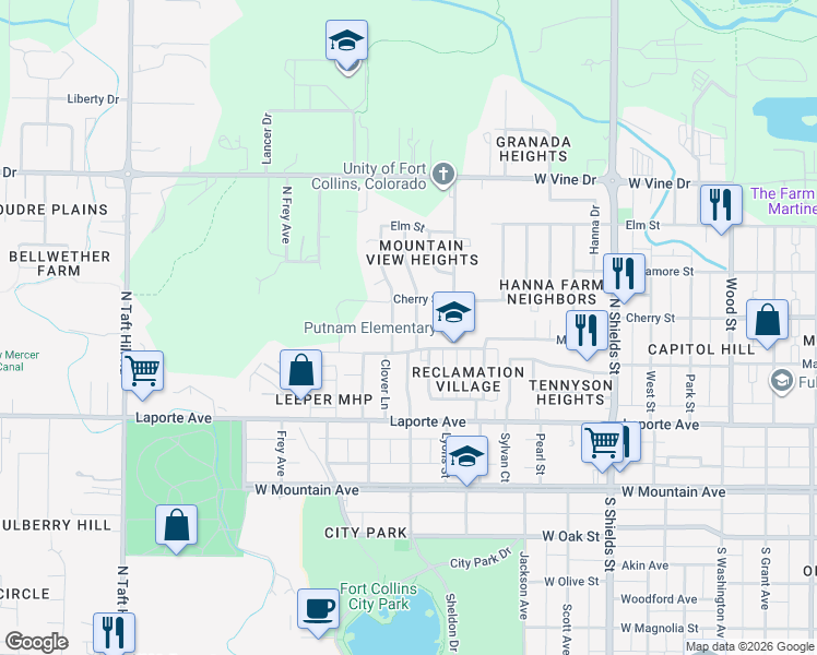 map of restaurants, bars, coffee shops, grocery stores, and more near 305 North Roosevelt Avenue in Fort Collins