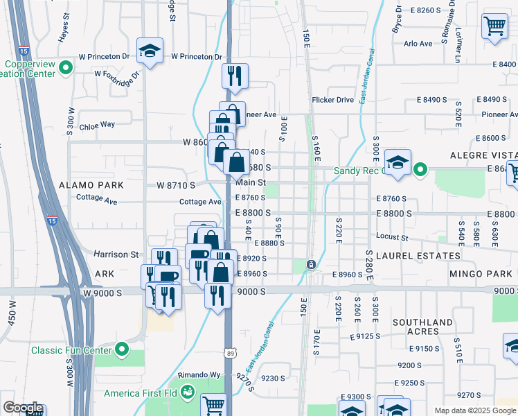 map of restaurants, bars, coffee shops, grocery stores, and more near 8811 South 40 East in Sandy