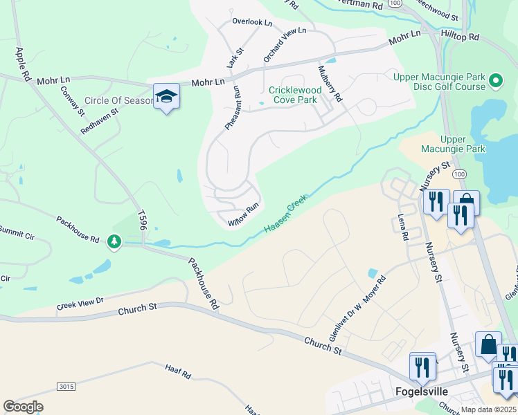 map of restaurants, bars, coffee shops, grocery stores, and more near 8308 Willow Run in Fogelsville