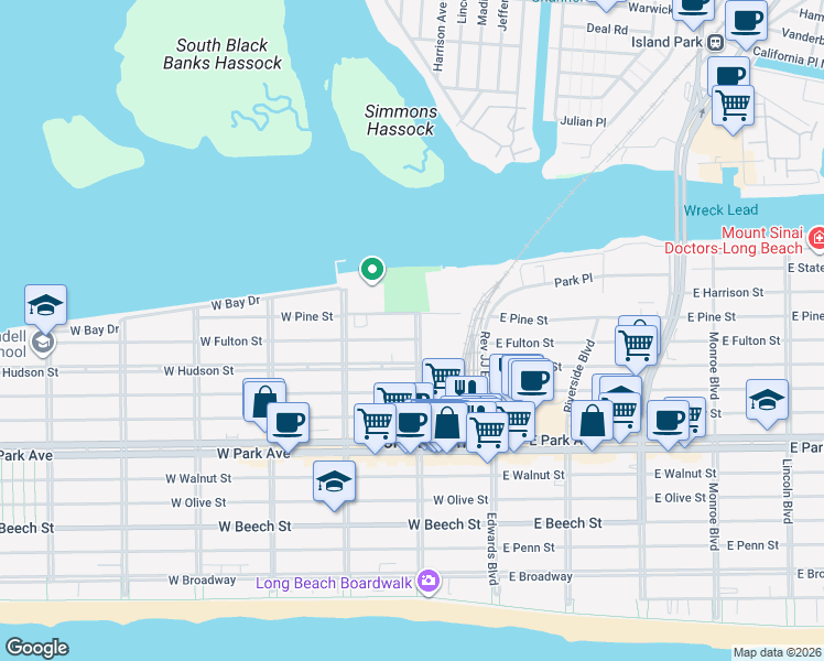 map of restaurants, bars, coffee shops, grocery stores, and more near 502 National Boulevard in Long Beach
