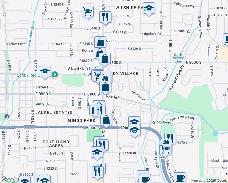 map of restaurants, bars, coffee shops, grocery stores, and more near 8797 Green Way in Sandy