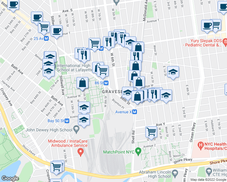map of restaurants, bars, coffee shops, grocery stores, and more near 86th Street & Avenue W in Brooklyn