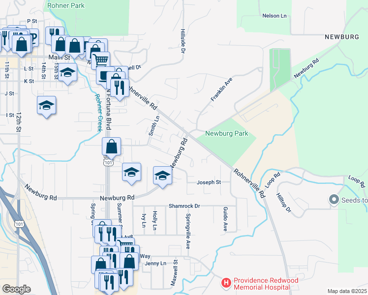 map of restaurants, bars, coffee shops, grocery stores, and more near 2184-2188 David Way in Fortuna