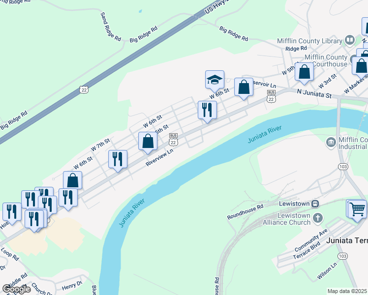 map of restaurants, bars, coffee shops, grocery stores, and more near 705 Riverside Drive in Lewistown