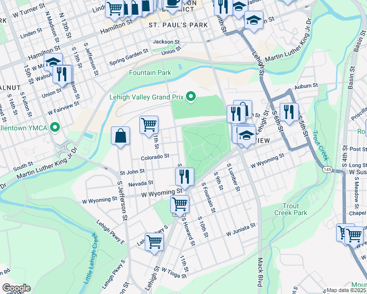 map of restaurants, bars, coffee shops, grocery stores, and more near 823 South Hazel Street in Allentown