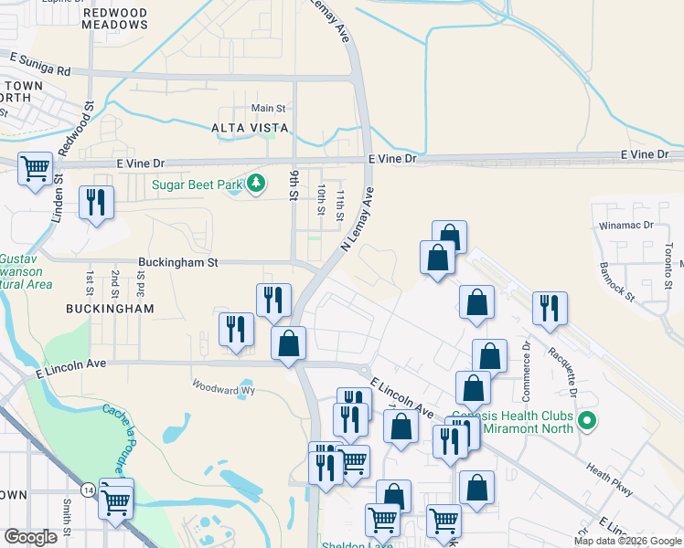 map of restaurants, bars, coffee shops, grocery stores, and more near 1163 Duff Drive in Fort Collins