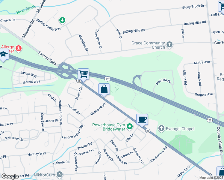map of restaurants, bars, coffee shops, grocery stores, and more near 390 U.S. 22 in Bridgewater