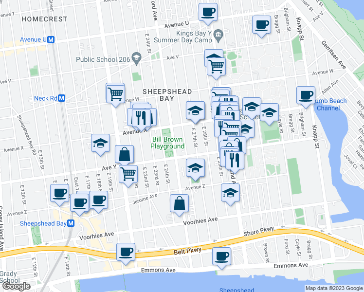 map of restaurants, bars, coffee shops, grocery stores, and more near 2462 East 26th Street in Brooklyn