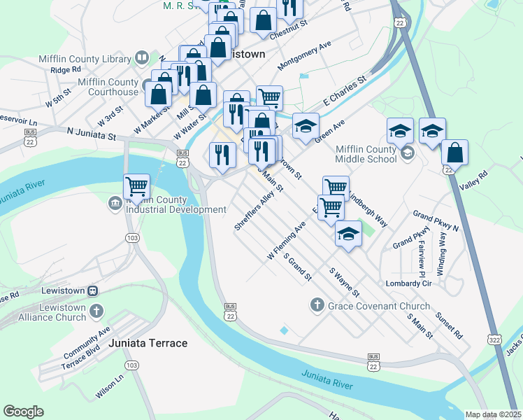 map of restaurants, bars, coffee shops, grocery stores, and more near 404 South Wayne Street in Lewistown
