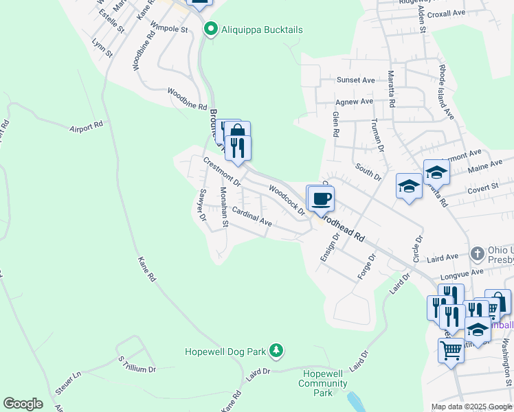map of restaurants, bars, coffee shops, grocery stores, and more near 112 Larry Street in Aliquippa