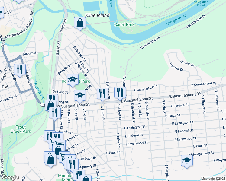 map of restaurants, bars, coffee shops, grocery stores, and more near 39 East Cumberland Street in Allentown