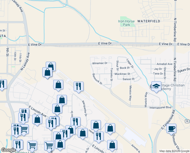 map of restaurants, bars, coffee shops, grocery stores, and more near 387 Coal Bank Drive in Fort Collins