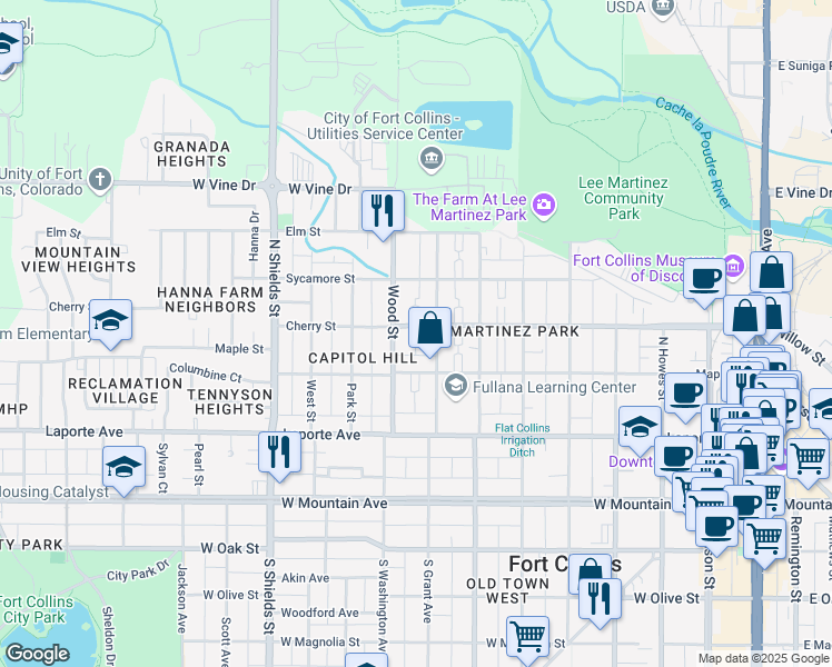 map of restaurants, bars, coffee shops, grocery stores, and more near 307 North Grant Avenue in Fort Collins