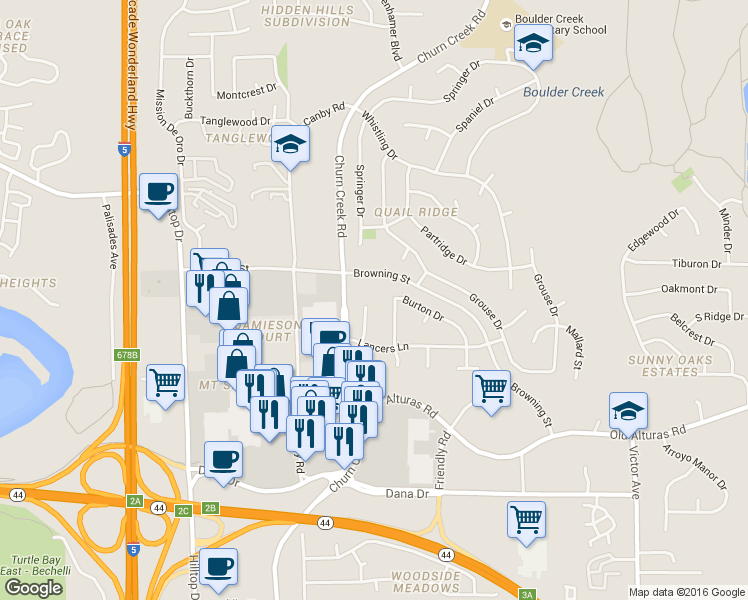 map of restaurants, bars, coffee shops, grocery stores, and more near 1137 Brandon Court in Redding