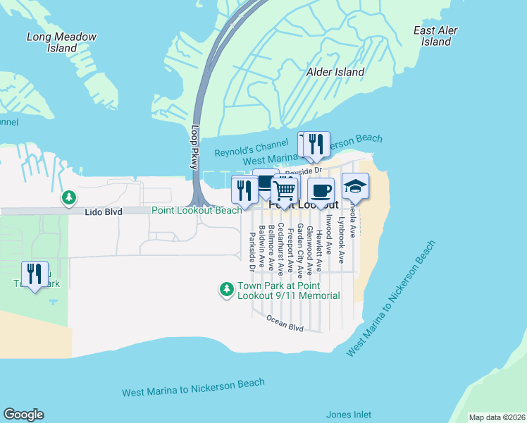 map of restaurants, bars, coffee shops, grocery stores, and more near 25 Lido Boulevard in Point Lookout
