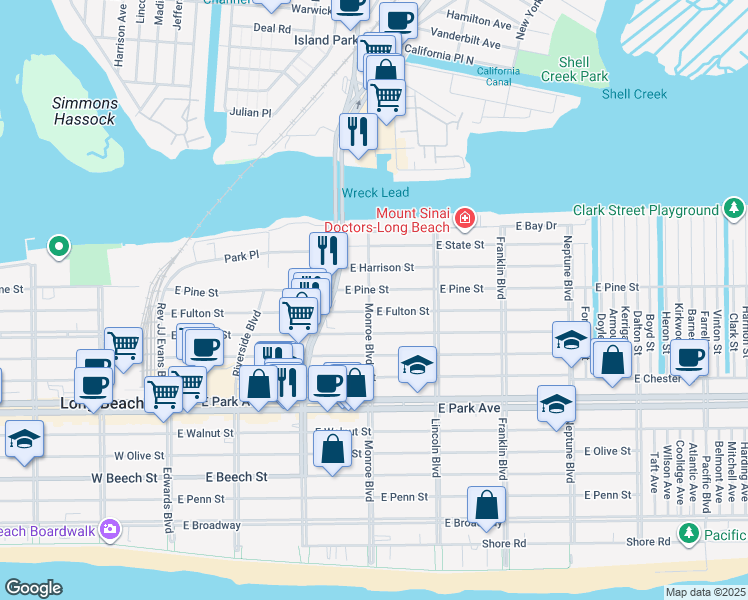 map of restaurants, bars, coffee shops, grocery stores, and more near 330 East Fulton Street in Long Beach