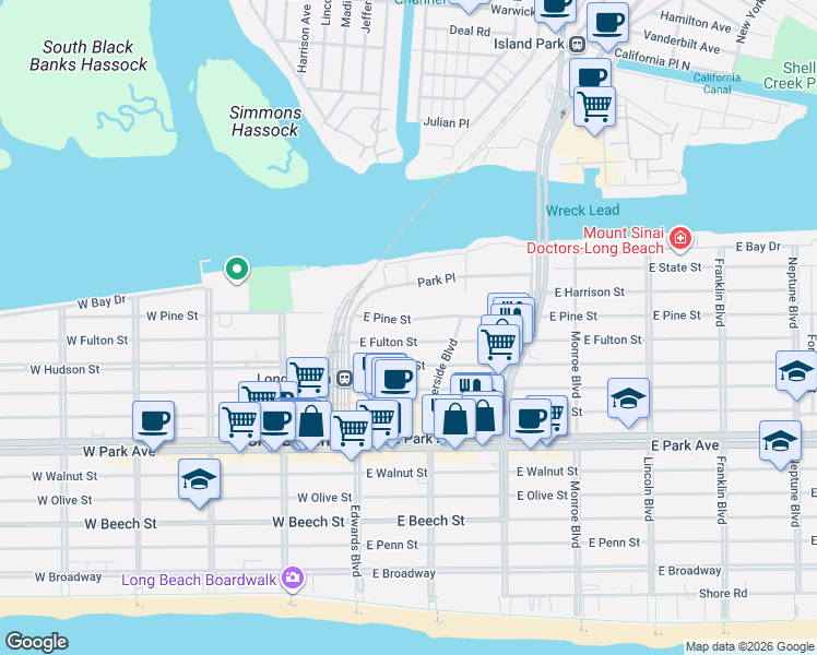 map of restaurants, bars, coffee shops, grocery stores, and more near 60 East Fulton Street in Long Beach