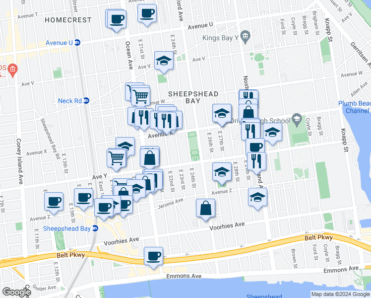 map of restaurants, bars, coffee shops, grocery stores, and more near 2464 East 23rd Street in Brooklyn