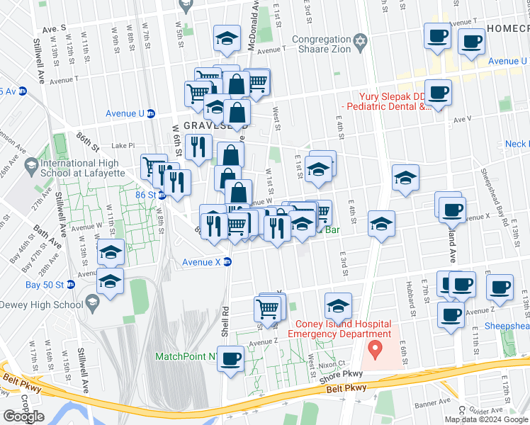 map of restaurants, bars, coffee shops, grocery stores, and more near 6 Stryker Court in Brooklyn