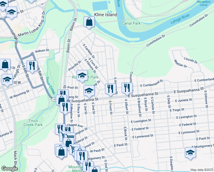map of restaurants, bars, coffee shops, grocery stores, and more near 937 South Filmore Street in Allentown
