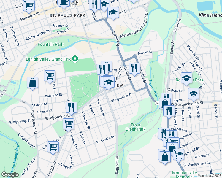 map of restaurants, bars, coffee shops, grocery stores, and more near 748 Saint John Street in Allentown
