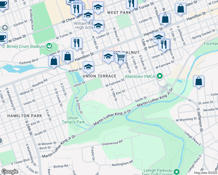 map of restaurants, bars, coffee shops, grocery stores, and more near 1816 West Fairview Street in Allentown