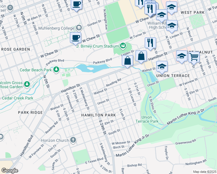 map of restaurants, bars, coffee shops, grocery stores, and more near 2250 Walnut Street in Allentown