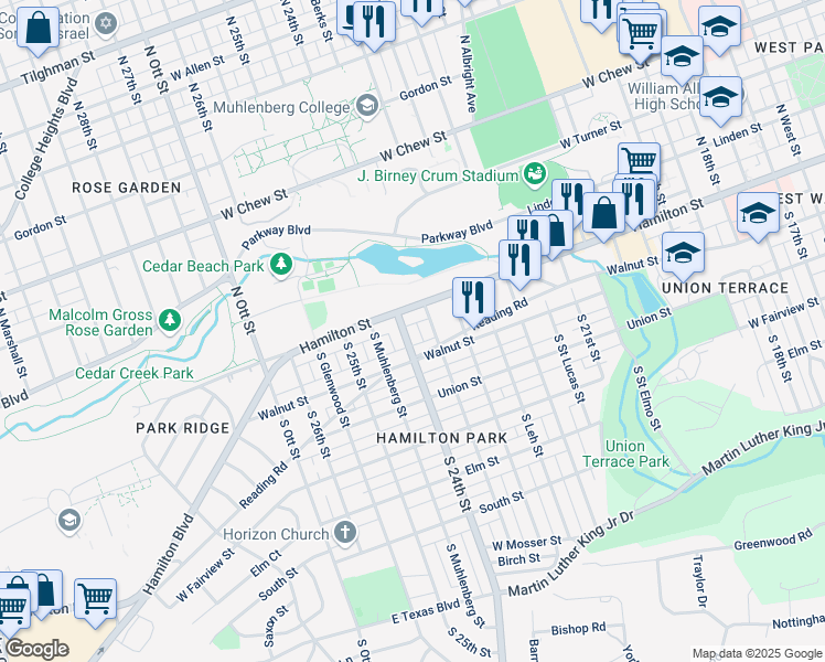 map of restaurants, bars, coffee shops, grocery stores, and more near 30 South 24th Street in Allentown
