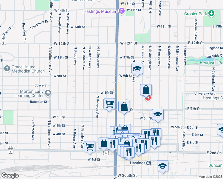 map of restaurants, bars, coffee shops, grocery stores, and more near 747 North Burlington Avenue in Hastings