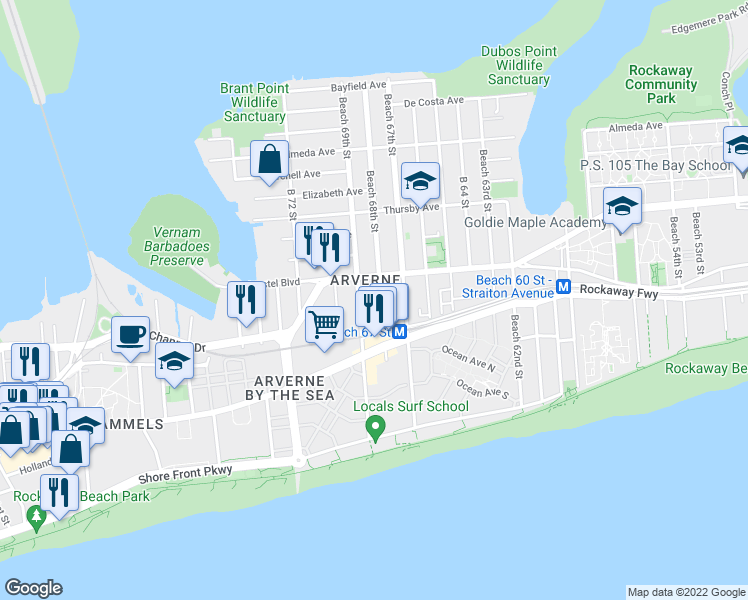 map of restaurants, bars, coffee shops, grocery stores, and more near 327 Beach 68th Street in Queens