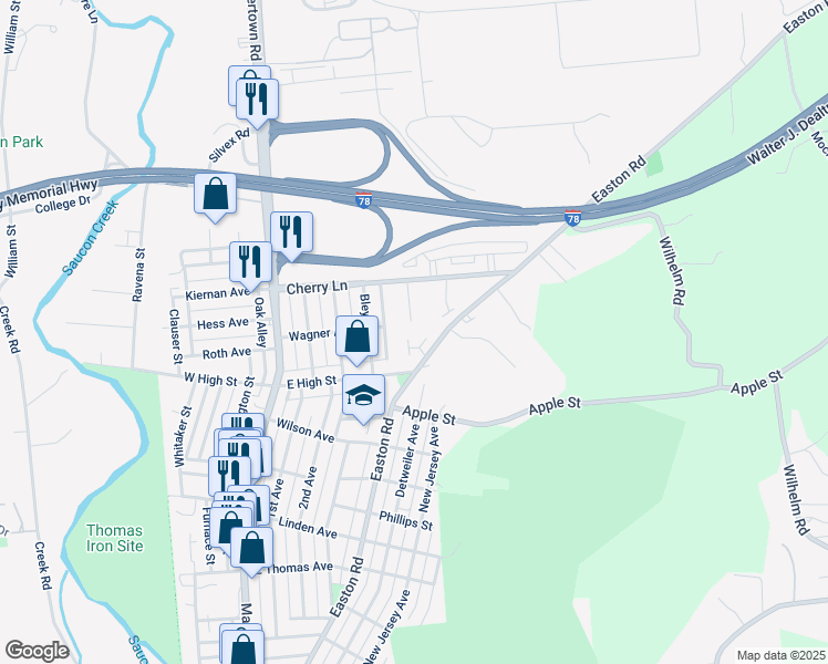 map of restaurants, bars, coffee shops, grocery stores, and more near 300 Stonewood Lane in Hellertown