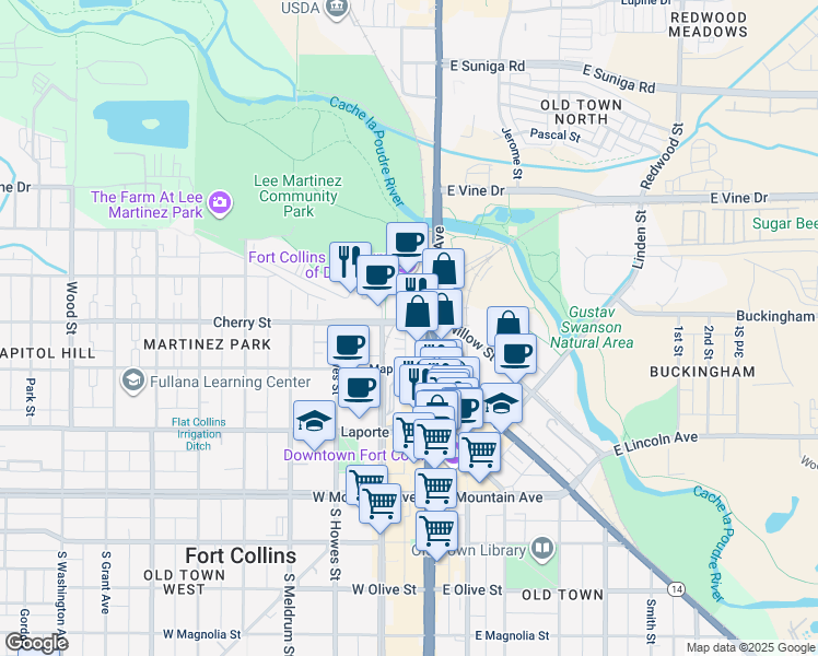 map of restaurants, bars, coffee shops, grocery stores, and more near 360 Tenney Court in Fort Collins