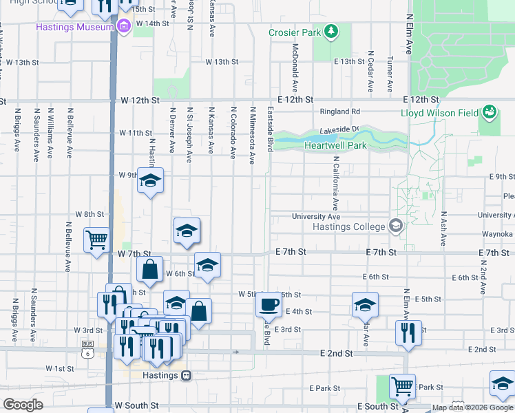 map of restaurants, bars, coffee shops, grocery stores, and more near 746 North Minnesota Avenue in Hastings