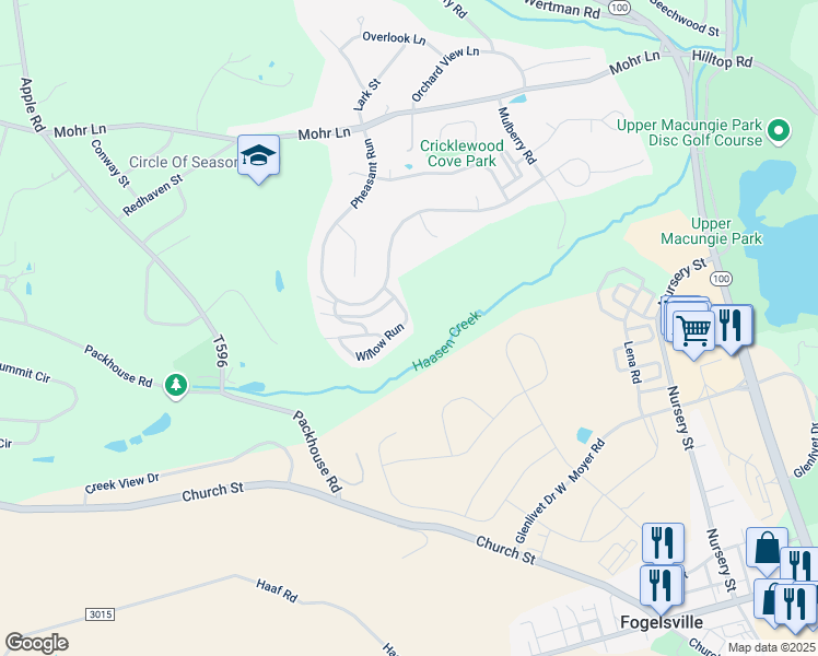 map of restaurants, bars, coffee shops, grocery stores, and more near 8308 Willow Run in Fogelsville