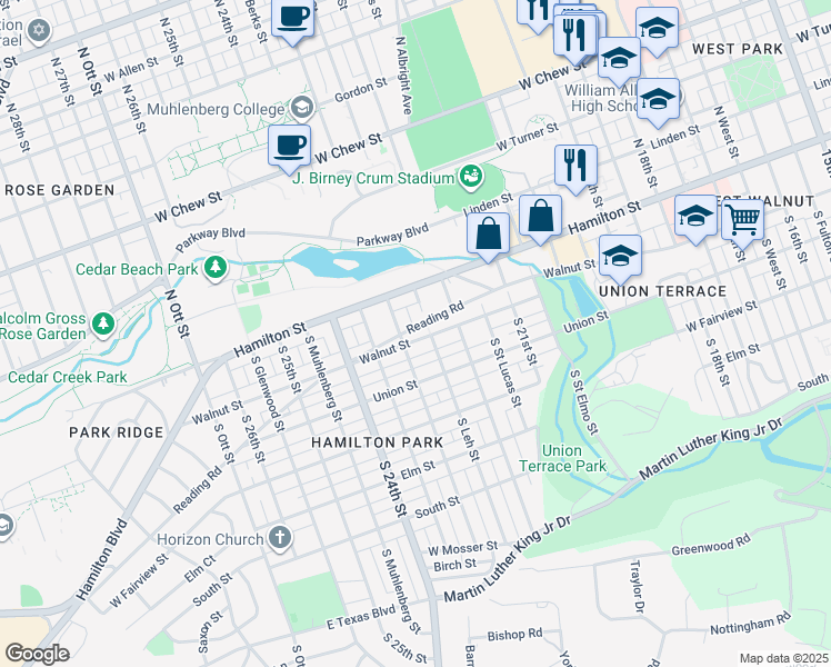 map of restaurants, bars, coffee shops, grocery stores, and more near 2250 Walnut Street in Allentown