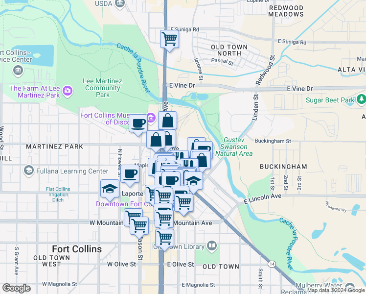 map of restaurants, bars, coffee shops, grocery stores, and more near 112 Willow Street in Fort Collins