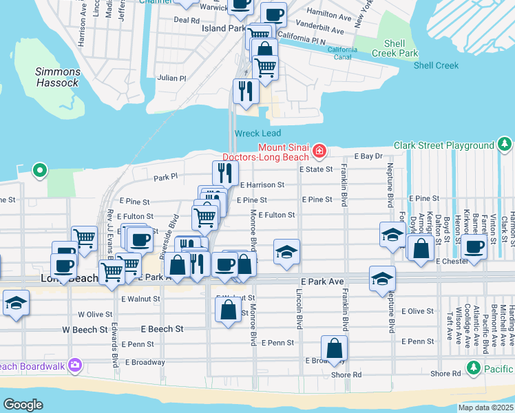 map of restaurants, bars, coffee shops, grocery stores, and more near 330 East Fulton Street in Long Beach