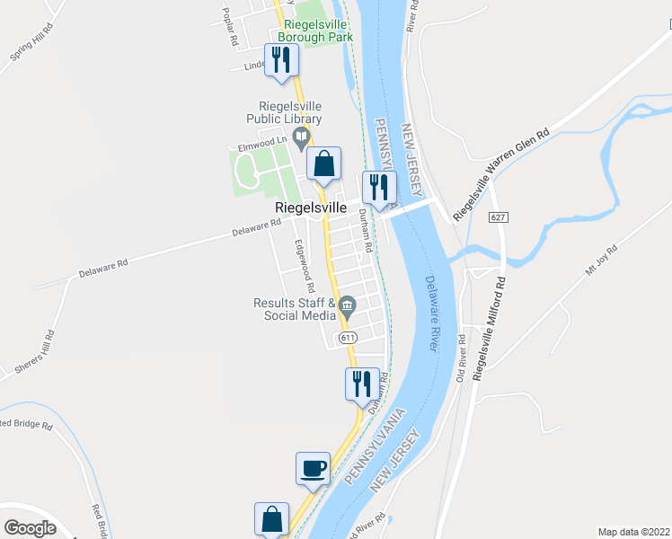 map of restaurants, bars, coffee shops, grocery stores, and more near 908 Easton Road in Riegelsville