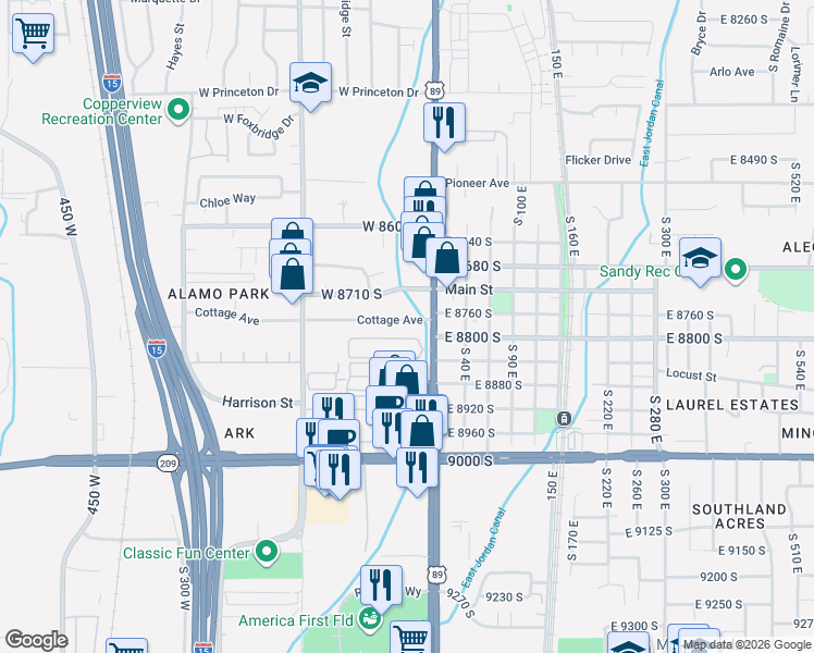 map of restaurants, bars, coffee shops, grocery stores, and more near 23 Cottage Avenue in Sandy
