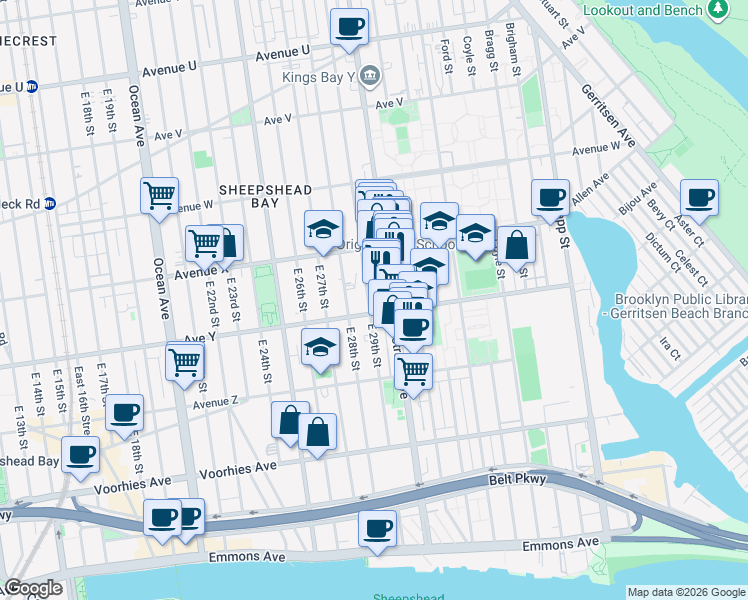map of restaurants, bars, coffee shops, grocery stores, and more near 2501 East 29th Street in Brooklyn