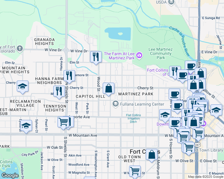 map of restaurants, bars, coffee shops, grocery stores, and more near 328 North Grant Avenue in Fort Collins