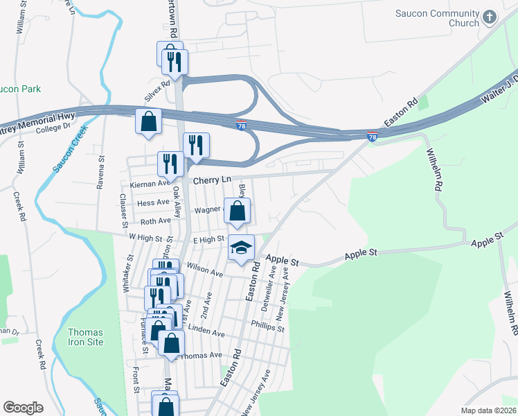 map of restaurants, bars, coffee shops, grocery stores, and more near 1555 Bleyler Street in Hellertown