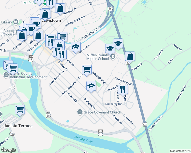 map of restaurants, bars, coffee shops, grocery stores, and more near 520 Lindbergh Way in Lewistown