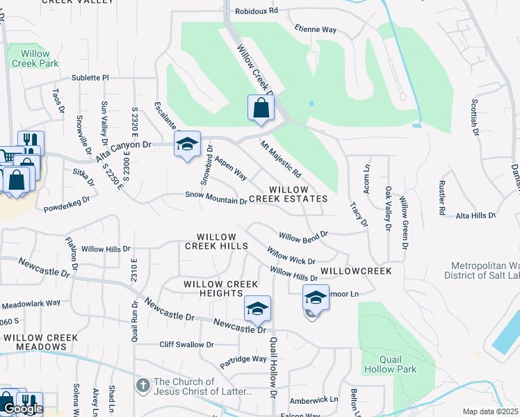 map of restaurants, bars, coffee shops, grocery stores, and more near 2646 Snow Mountain Drive in Sandy