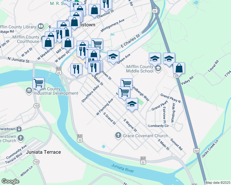 map of restaurants, bars, coffee shops, grocery stores, and more near 5 East Fleming Avenue in Lewistown