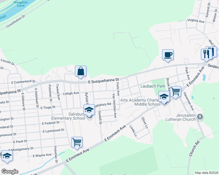 map of restaurants, bars, coffee shops, grocery stores, and more near 1324 Lehigh Avenue in Allentown